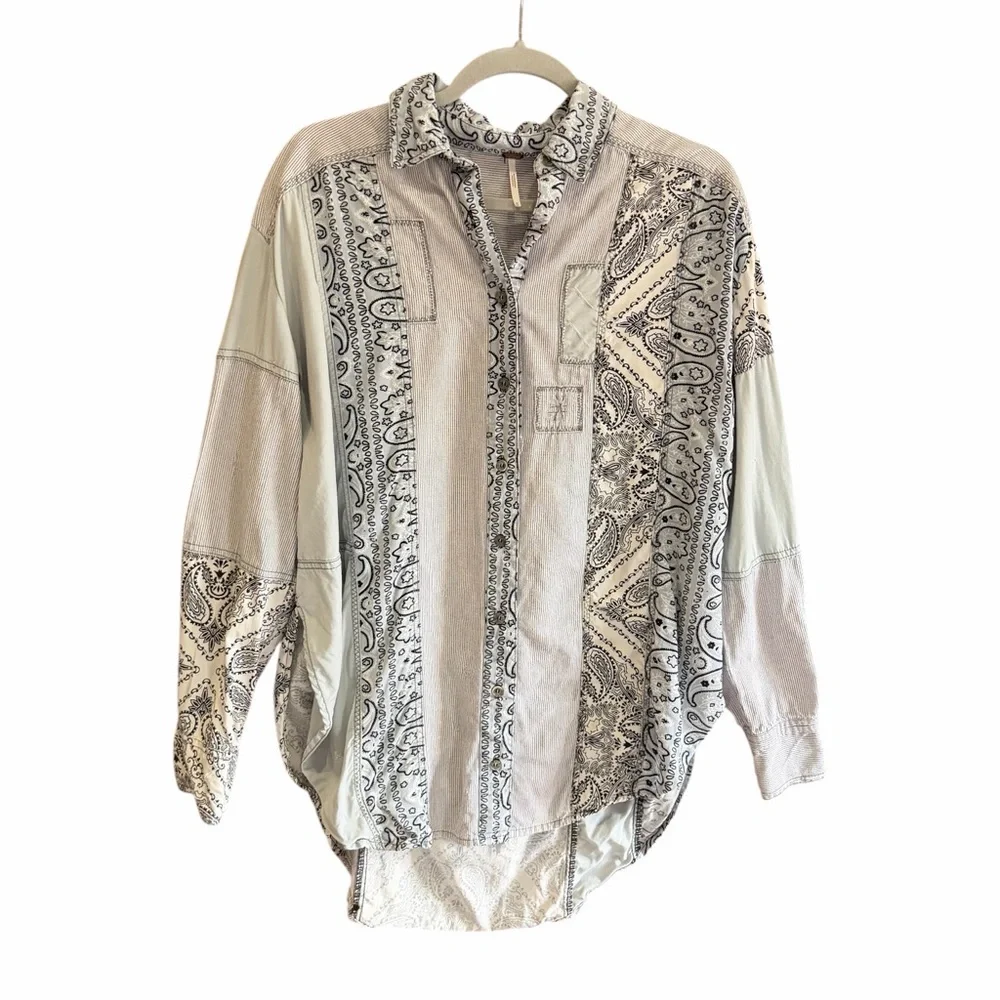 FREE PEOPLE All Patched Up Button Down Shirt Top M - Picture 2 of 10